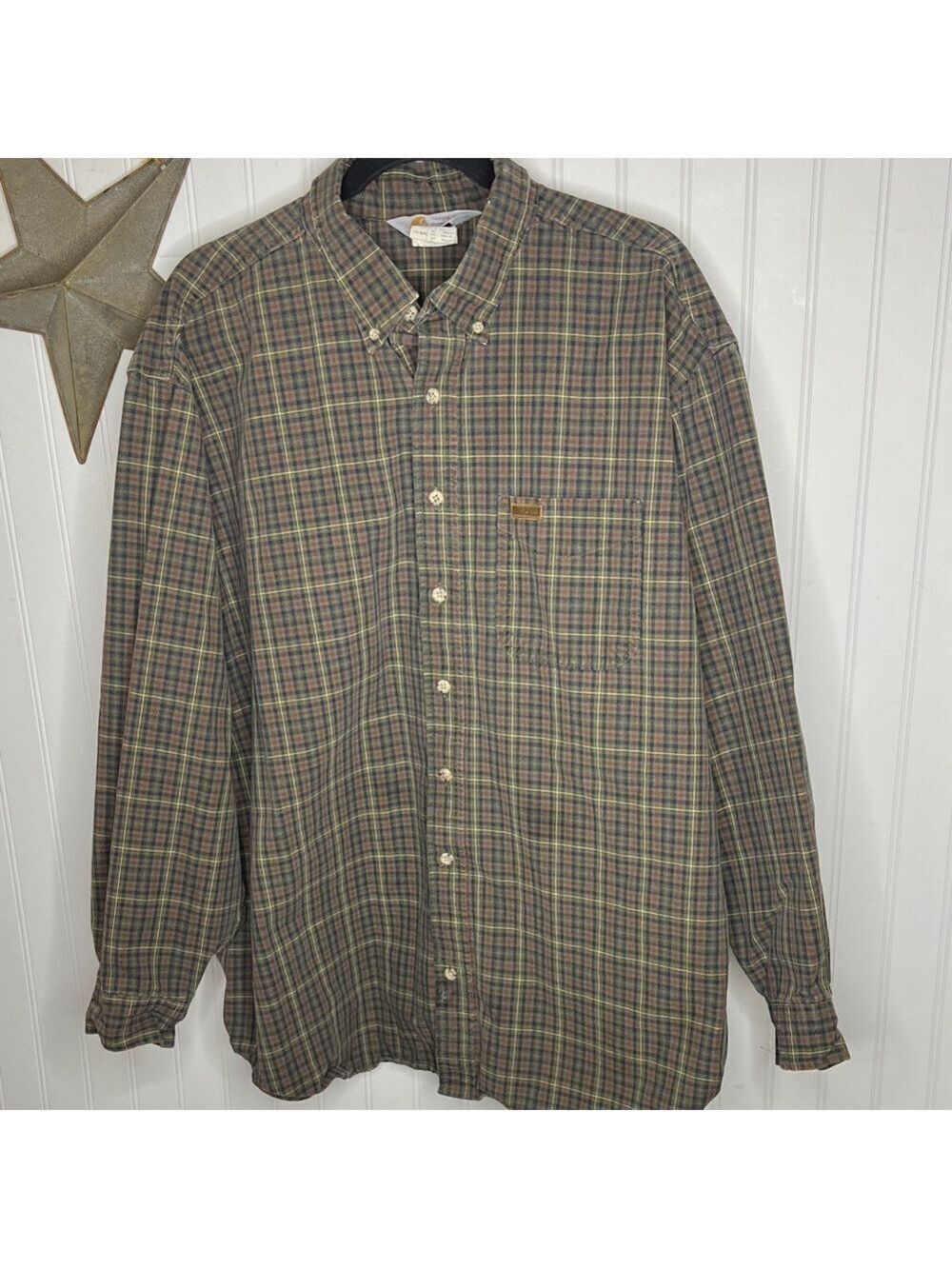 Carhartt Rugged Outdoor Wear Green and Brown Plaid Button-Down Shirt 2XL
